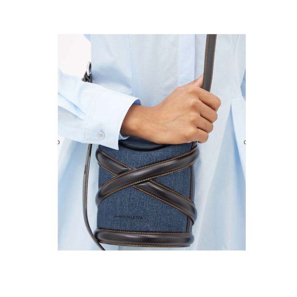 ALEXANDWR McQUEEN: The Curve Small Denim And Leather Bucket Bag - Picture 7 of 7